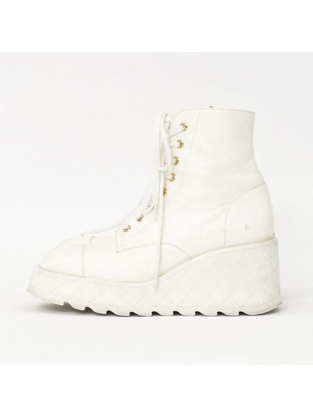 Chanel CC Logo Combat Boots Sneakers White